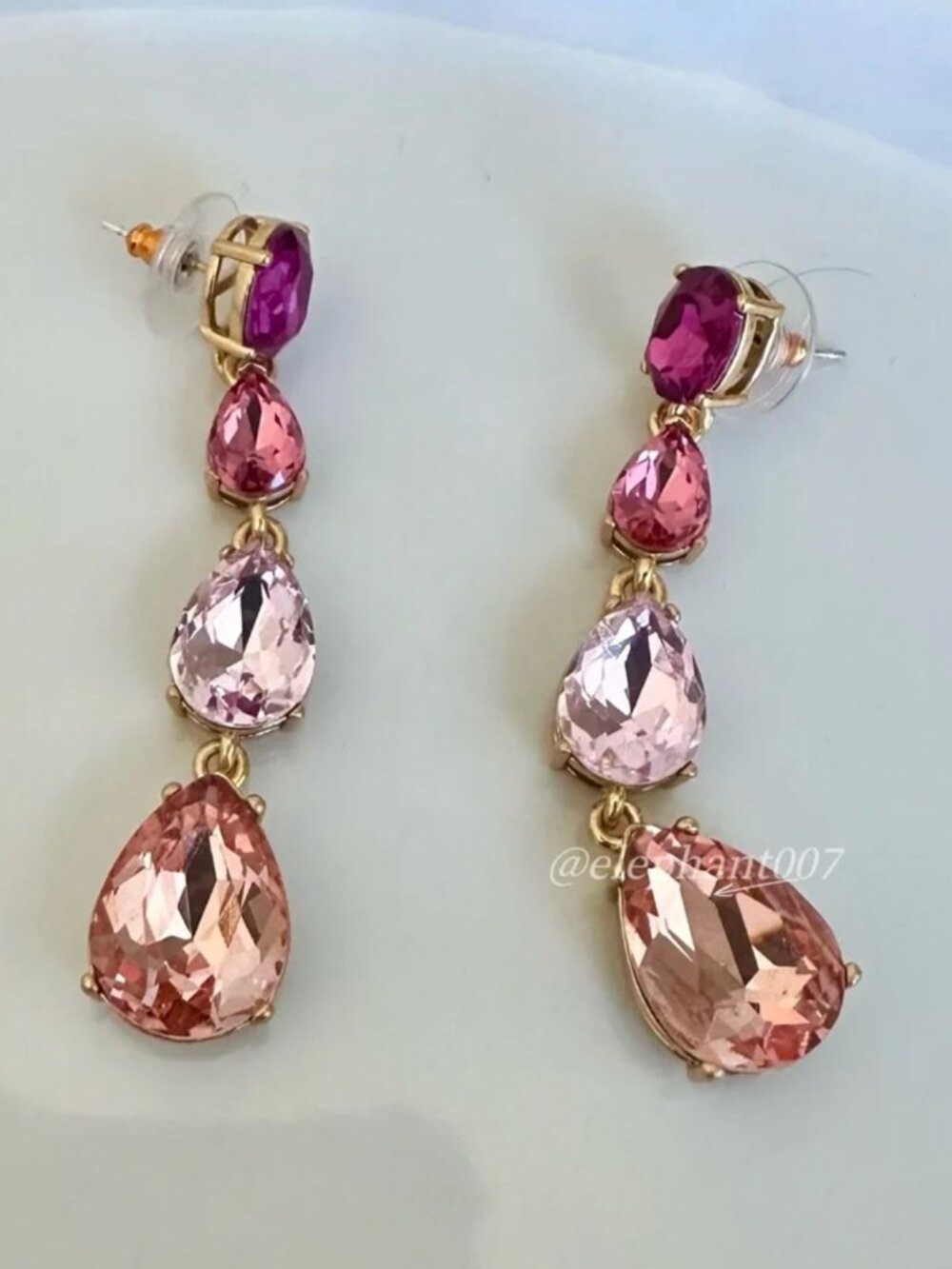 Oscar de la Renta Pink Crystal Drop Earrings Gold Statement Teardrop Earrings - Picture 3 of 3